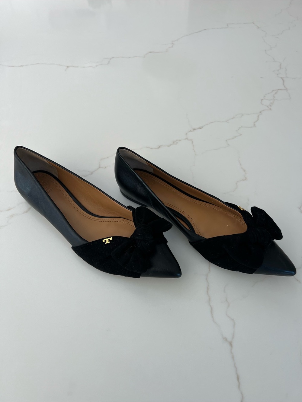 Tory Burch Black Pointed Toe Bow Flats